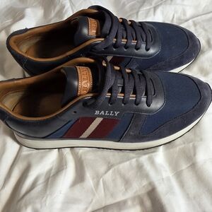 Bally Navy Suede & Leather Sneakers with Burgundy and Cream Stripe